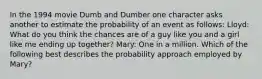 In the 1994 movie Dumb and Dumber one character asks another to estimate the probability of an event as follows: Lloyd: What do you think the chances are of a guy like you and a girl like me ending up together? Mary: One in a million. Which of the following best describes the probability approach employed by Mary?