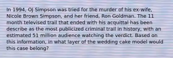 In 1994, OJ Simpson was tried for the murder of his ex-wife, Nicole Brown Simpson, and her friend, Ron Goldman. The 11 month televised trail that ended with his acquittal has been describe as the most publicized criminal trail in history, with an estimated 51 million audience watching the verdict. Based on this information, in what layer of the wedding cake model would this case belong?