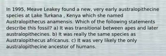 In 1995, Meave Leakey found a new, very early australopithecine species at Lake Turkana , Kenya which she named Australopithecus anamensis. Which of the following statements describe this fossil? a) It was transitional between apes and later australopithecines. b) It was really the same species as Australopithecus africanus. c) It was very likely the only australopithecine ancestor of humans.