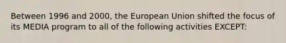 Between 1996 and 2000, the European Union shifted the focus of its MEDIA program to all of the following activities EXCEPT: