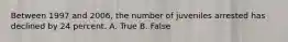 Between 1997 and 2006, the number of juveniles arrested has declined by 24 percent. A. True B. False