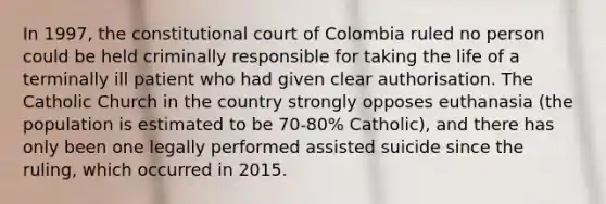 In 1997, the constitutional court of Colombia ruled no person could be held criminally responsible for taking the life of a terminally ill patient who had given clear authorisation. The Catholic Church in the country strongly opposes euthanasia (the population is estimated to be 70-80% Catholic), and there has only been one legally performed assisted suicide since the ruling, which occurred in 2015.