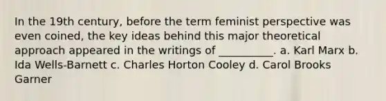 In the 19th century, before the term feminist perspective was even coined, the key ideas behind this major theoretical approach appeared in the writings of __________. a. Karl Marx b. Ida Wells-Barnett c. Charles Horton Cooley d. Carol Brooks Garner