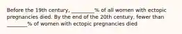 Before the 19th century, _________% of all women with ectopic pregnancies died. By the end of the 20th century, fewer than ________% of women with ectopic pregnancies died