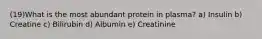 (19)What is the most abundant protein in plasma? a) Insulin b) Creatine c) Bilirubin d) Albumin e) Creatinine