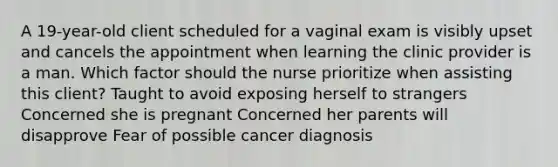 A 19-year-old client scheduled for a vaginal exam is visibly upset and cancels the appointment when learning the clinic provider is a man. Which factor should the nurse prioritize when assisting this client? Taught to avoid exposing herself to strangers Concerned she is pregnant Concerned her parents will disapprove Fear of possible cancer diagnosis