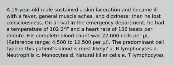 A 19-year-old male sustained a skin laceration and became ill with a fever, general muscle aches, and dizziness; then he lost consciousness. On arrival in the emergency department, he had a temperature of 102.2°F and a heart rate of 136 beats per minute. His complete blood count was 22,000 cells per μL (Reference range: 4,500 to 12,500 per μl). The predominant cell type in this patient's blood is most likely? a. B lymphocytes b. Neutrophils c. Monocytes d. Natural killer cells e. T lymphocytes