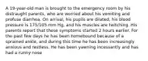 A 19-year-old man is brought to the emergency room by his distraught parents, who are worried about his vomiting and profuse diarrhea. On arrival, his pupils are dilated, his blood pressure is 175/105 mm Hg, and his muscles are twitching. His parents report that these symptoms started 2 hours earlier. For the past few days he has been homebound because of a sprained ankle, and during this time he has been increasingly anxious and restless. He has been yawning incessantly and has had a runny nose