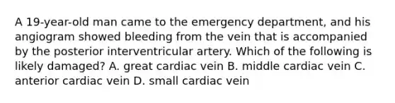 A 19-year-old man came to the emergency department, and his angiogram showed bleeding from the vein that is accompanied by the posterior interventricular artery. Which of the following is likely damaged? A. great cardiac vein B. middle cardiac vein C. anterior cardiac vein D. small cardiac vein