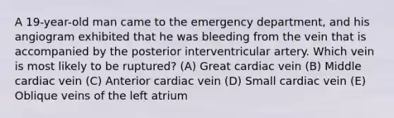 A 19-year-old man came to the emergency department, and his angiogram exhibited that he was bleeding from the vein that is accompanied by the posterior interventricular artery. Which vein is most likely to be ruptured? (A) Great cardiac vein (B) Middle cardiac vein (C) Anterior cardiac vein (D) Small cardiac vein (E) Oblique veins of the left atrium