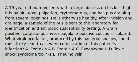 A 19-year-old man presents with a large abscess on his left thigh. It is painful upon palpation, erythematous, and has pus draining from several openings. He is otherwise healthy. After incision and drainage, a sample of the pus is sent to the laboratory for identification and antibiotic susceptibility testing. A Gram-positive, catalase-positive, coagulase-positive coccus is isolated. What virulence factor, produced by this bacterial species, could most likely lead to a severe complication of this patient's infection? A. Exotoxin A B. Protein A C. Exoenzyme U D. Toxic shock syndrome toxin-1 E. Pneumolysin