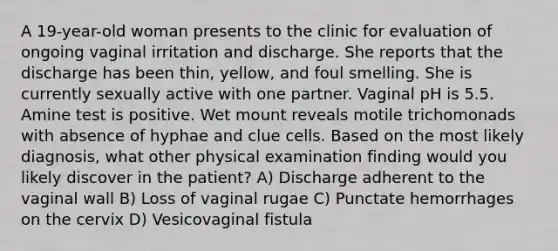 A 19-year-old woman presents to the clinic for evaluation of ongoing vaginal irritation and discharge. She reports that the discharge has been thin, yellow, and foul smelling. She is currently sexually active with one partner. Vaginal pH is 5.5. Amine test is positive. Wet mount reveals motile trichomonads with absence of hyphae and clue cells. Based on the most likely diagnosis, what other physical examination finding would you likely discover in the patient? A) Discharge adherent to the vaginal wall B) Loss of vaginal rugae C) Punctate hemorrhages on the cervix D) Vesicovaginal fistula