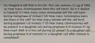 1A. Imagine a cell that is 2n=50. This cell contains 12 pg of DNA. (a) How many chromosomes does this cell have? (b) Is it diploid or haploid? (c) How many sister chromatids will the cell have during metaphase of mitosis? (d) How many homologous pairs are there in the cell? (e) How many tetrads will the cell form during prophase I of meiosis I? (f) How many chromosomes will be present in a daughter cell during prophase II of meiosis II? (g) How much DNA is in the cell during G2 phase? In a daughter cell during prophase II of meiosis? In a daughter cell after meiosis is completed?