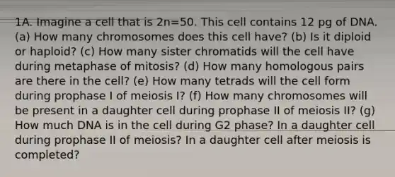 1A. Imagine a cell that is 2n=50. This cell contains 12 pg of DNA. (a) How many chromosomes does this cell have? (b) Is it diploid or haploid? (c) How many sister chromatids will the cell have during metaphase of mitosis? (d) How many homologous pairs are there in the cell? (e) How many tetrads will the cell form during prophase I of meiosis I? (f) How many chromosomes will be present in a daughter cell during prophase II of meiosis II? (g) How much DNA is in the cell during G2 phase? In a daughter cell during prophase II of meiosis? In a daughter cell after meiosis is completed?