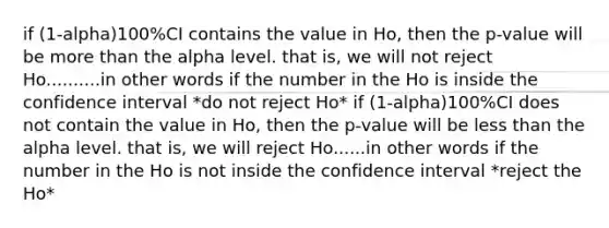 if (1-alpha)100%CI contains the value in Ho, then the p-value will be <a href='https://www.questionai.com/knowledge/keWHlEPx42-more-than' class='anchor-knowledge'>more than</a> the alpha level. that is, we will not reject Ho..........in other words if the number in the Ho is inside the confidence interval *do not reject Ho* if (1-alpha)100%CI does not contain the value in Ho, then the p-value will be <a href='https://www.questionai.com/knowledge/k7BtlYpAMX-less-than' class='anchor-knowledge'>less than</a> the alpha level. that is, we will reject Ho......in other words if the number in the Ho is not inside the confidence interval *reject the Ho*