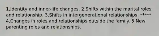 1.Identity and inner-life changes. 2.Shifts within the marital roles and relationship. 3.Shifts in intergenerational relationships. ***** 4.Changes in roles and relationships outside the family. 5.New parenting roles and relationships.