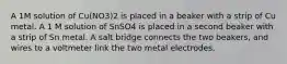 A 1M solution of Cu(NO3)2 is placed in a beaker with a strip of Cu metal. A 1 M solution of SnSO4 is placed in a second beaker with a strip of Sn metal. A salt bridge connects the two beakers, and wires to a voltmeter link the two metal electrodes.