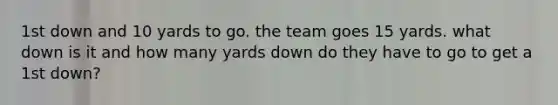 1st down and 10 yards to go. the team goes 15 yards. what down is it and how many yards down do they have to go to get a 1st down?