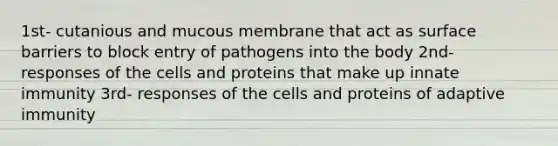 1st- cutanious and mucous membrane that act as surface barriers to block entry of pathogens into the body 2nd- responses of the cells and proteins that make up innate immunity 3rd- responses of the cells and proteins of adaptive immunity