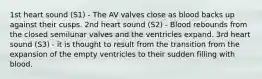 1st heart sound (S1) - The AV valves close as blood backs up against their cusps. 2nd heart sound (S2) - Blood rebounds from the closed semilunar valves and the ventricles expand. 3rd heart sound (S3) - it is thought to result from the transition from the expansion of the empty ventricles to their sudden filling with blood.