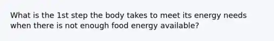 What is the 1st step the body takes to meet its energy needs when there is not enough food energy available?