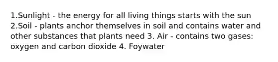 1.Sunlight - the energy for all living things starts with the sun 2.Soil - plants anchor themselves in soil and contains water and other substances that plants need 3. Air - contains two gases: oxygen and carbon dioxide 4. Foywater