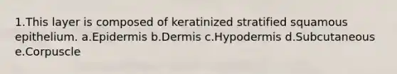 1.This layer is composed of keratinized stratified squamous epithelium. a.Epidermis b.Dermis c.Hypodermis d.Subcutaneous e.Corpuscle