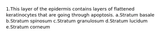 1.This layer of the epidermis contains layers of flattened keratinocytes that are going through apoptosis. a.Stratum basale b.Stratum spinosum c.Stratum granulosum d.Stratum lucidum e.Stratum corneum