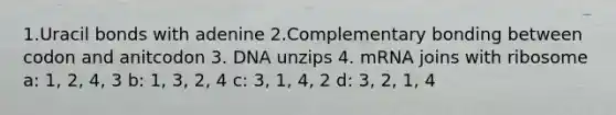 1.Uracil bonds with adenine 2.Complementary bonding between codon and anitcodon 3. DNA unzips 4. mRNA joins with ribosome a: 1, 2, 4, 3 b: 1, 3, 2, 4 c: 3, 1, 4, 2 d: 3, 2, 1, 4