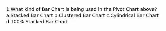 1.What kind of <a href='https://www.questionai.com/knowledge/kdDMLVsZUp-bar-chart' class='anchor-knowledge'>bar chart</a> is being used in the Pivot Chart above? a.Stacked Bar Chart b.Clustered Bar Chart c.Cylindrical Bar Chart d.100% Stacked Bar Chart