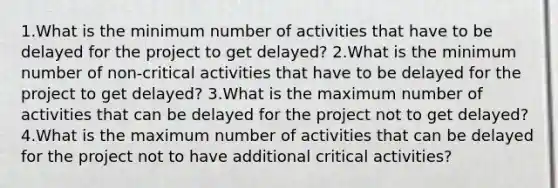 1.What is the minimum number of activities that have to be delayed for the project to get delayed? 2.What is the minimum number of non-critical activities that have to be delayed for the project to get delayed? 3.What is the maximum number of activities that can be delayed for the project not to get delayed? 4.What is the maximum number of activities that can be delayed for the project not to have additional critical activities?