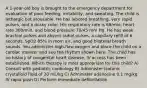 A 1-year-old boy is brought to the emergency department for evaluation of poor feeding, irritability, and sweating. The child is lethargic but arousable. He has labored breathing, very rapid pulses, and a dusky color. His respiratory rate is 68/min, heart rate 300/min, and blood pressure 70/45 mm Hg. He has weak brachial pulses and absent radial pulses, a capillary refill of 6 seconds, SpO2 85% in room air, and good bilateral breath sounds. You administer high-flow oxygen and place the child on a cardiac monitor and see the rhythm shown here. The child has no history of congenital heart disease. IV access has been established. Which therapy is most appropriate for this child? A) Consult with pediatric cardiology B) Administer isotonic crystalloid fluid of 20 mL/kg C) Administer adenosine 0.1 mg/kg IV rapid push D) Perform immediate defibrillation