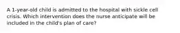 A 1-year-old child is admitted to the hospital with sickle cell crisis. Which intervention does the nurse anticipate will be included in the child's plan of care?