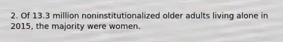 2. Of 13.3 million noninstitutionalized older adults living alone in 2015, the majority were women.