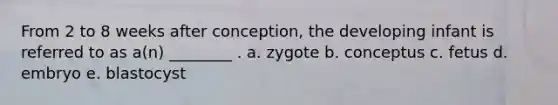 From 2 to 8 weeks after conception, the developing infant is referred to as a(n) ________ . a. zygote b. conceptus c. fetus d. embryo e. blastocyst