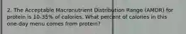 2. The Acceptable Macronutrient Distribution Range (AMDR) for protein is 10-35% of calories. What percent of calories in this one-day menu comes from protein?