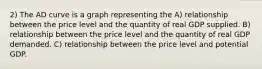 2) The AD curve is a graph representing the A) relationship between the price level and the quantity of real GDP supplied. B) relationship between the price level and the quantity of real GDP demanded. C) relationship between the price level and potential GDP.