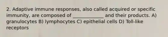 2. Adaptive immune responses, also called acquired or specific immunity, are composed of _____________ and their products. A) granulocytes B) lymphocytes C) epithelial cells D) Toll-like receptors