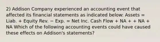 2) Addison Company experienced an accounting event that affected its financial statements as indicated below: Assets = Liab. + Equity Rev. − Exp. = Net Inc. Cash Flow + NA + + NA + NA Which of the following accounting events could have caused these effects on Addison's statements?