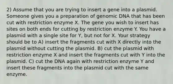 2) Assume that you are trying to insert a gene into a plasmid. Someone gives you a preparation of genomic DNA that has been cut with restriction enzyme X. The gene you wish to insert has sites on both ends for cutting by restriction enzyme Y. You have a plasmid with a single site for Y, but not for X. Your strategy should be to A) insert the fragments cut with X directly into the plasmid without cutting the plasmid. B) cut the plasmid with restriction enzyme X and insert the fragments cut with Y into the plasmid. C) cut the DNA again with restriction enzyme Y and insert these fragments into the plasmid cut with the same enzyme.