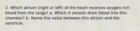 2. Which atrium (right or left) of the heart receives oxygen-rich blood from the lungs? a. Which 4 vessels drain blood into this chamber? b. Name the valve between this atrium and the ventricle.