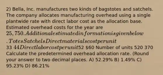 2) Bella, Inc. manufactures two kinds of bagstotes and satchels. The company allocates manufacturing overhead using a single plantwide rate with direct labor cost as the allocation base. Estimated overhead costs for the year are 25,750. Additional estimated information is givenbelow. Totes Satchels Direct materials cost per unit33 44 Direct labor cost per unit52 60 Number of units 520 370 Calculate the predetermined overhead allocation rate. (Round your answer to two decimal places. A) 52.29% B) 1.49% C) 95.23% D) 86.21%