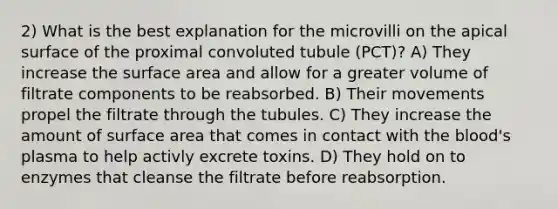 2) What is the best explanation for the microvilli on the apical surface of the proximal convoluted tubule (PCT)? A) They increase the surface area and allow for a greater volume of filtrate components to be reabsorbed. B) Their movements propel the filtrate through the tubules. C) They increase the amount of surface area that comes in contact with the blood's plasma to help activly excrete toxins. D) They hold on to enzymes that cleanse the filtrate before reabsorption.