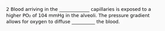 2 Blood arriving in the _____________ capillaries is exposed to a higher PO₂ of 104 mmHg in the alveoli. The pressure gradient allows for oxygen to diffuse __________ <a href='https://www.questionai.com/knowledge/k7oXMfj7lk-the-blood' class='anchor-knowledge'>the blood</a>.