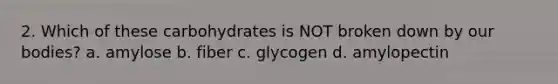 2. Which of these carbohydrates is NOT broken down by our bodies? a. amylose b. fiber c. glycogen d. amylopectin