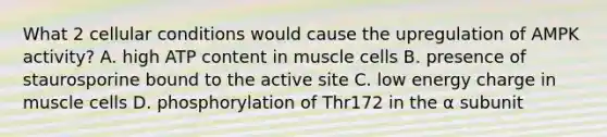 What 2 cellular conditions would cause the upregulation of AMPK activity? A. high ATP content in muscle cells B. presence of staurosporine bound to the active site C. low energy charge in muscle cells D. phosphorylation of Thr172 in the α subunit