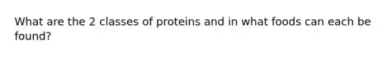 What are the 2 classes of proteins and in what foods can each be found?