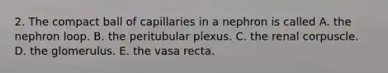 2. The compact ball of capillaries in a nephron is called A. the nephron loop. B. the peritubular plexus. C. the renal corpuscle. D. the glomerulus. E. the vasa recta.