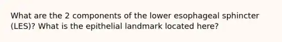 What are the 2 components of the lower esophageal sphincter (LES)? What is the epithelial landmark located here?