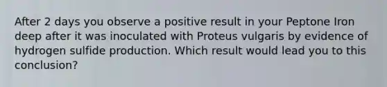 After 2 days you observe a positive result in your Peptone Iron deep after it was inoculated with Proteus vulgaris by evidence of hydrogen sulfide production. Which result would lead you to this conclusion?